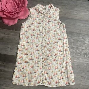 CYNTHIA ROWLEY Sz L 100% Linen Button Front Shirtdress Sailboat Novelty Coastal